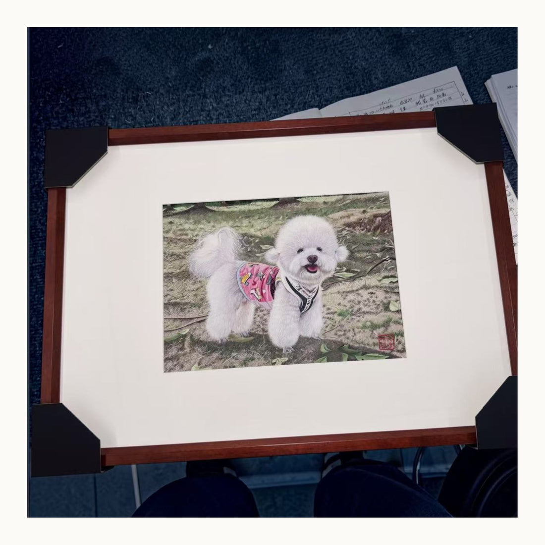 Finished custom teddy Su-embroidery portrait in warm-white presentation