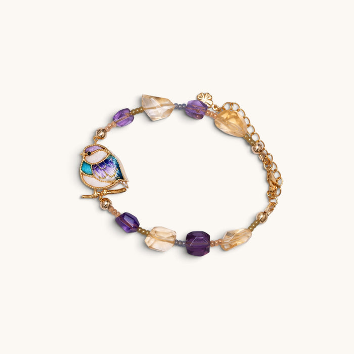 Front view of purple magpie Su-embroidery bracelet