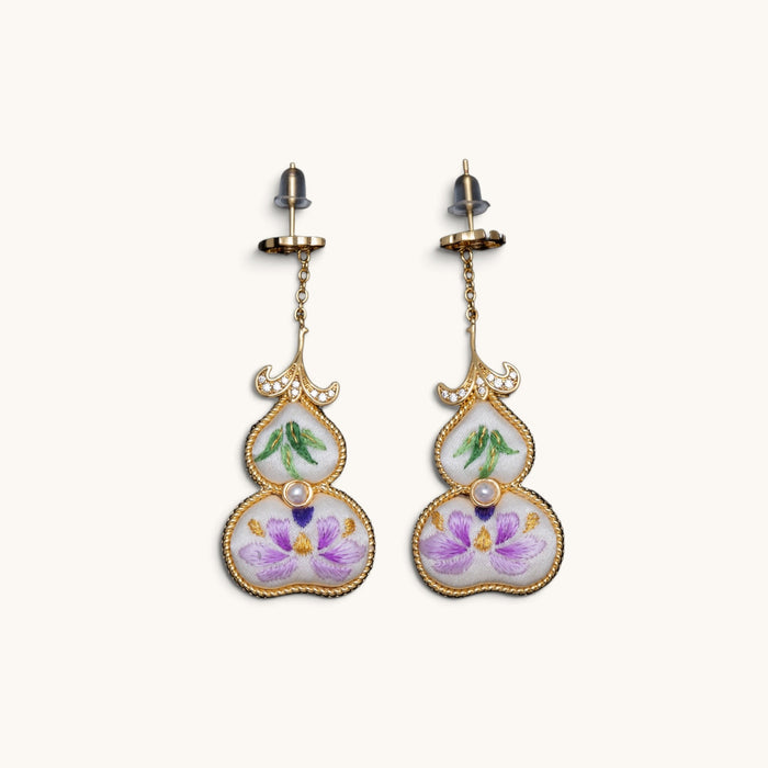 Front view of purple hulu gourd Su-embroidery dangle earrings