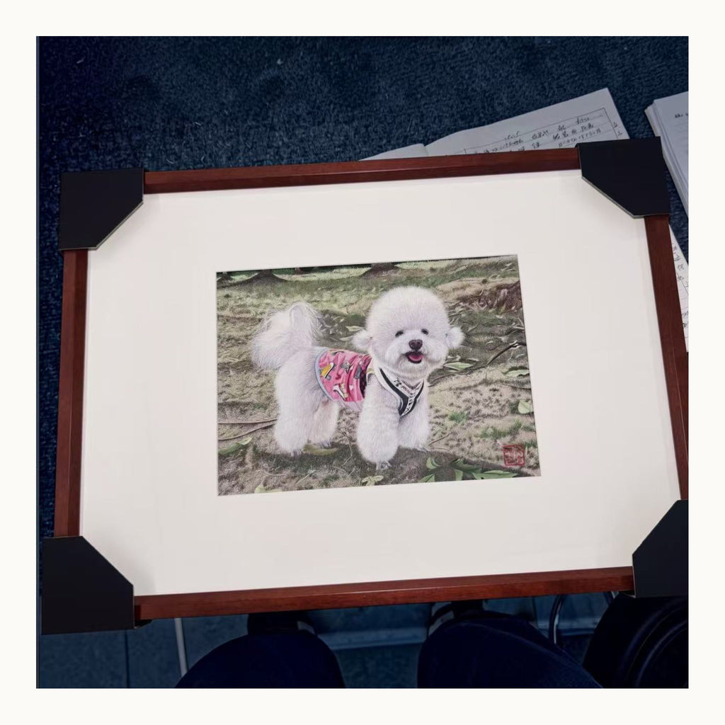 Finished custom teddy Su-embroidery portrait in warm-white presentation