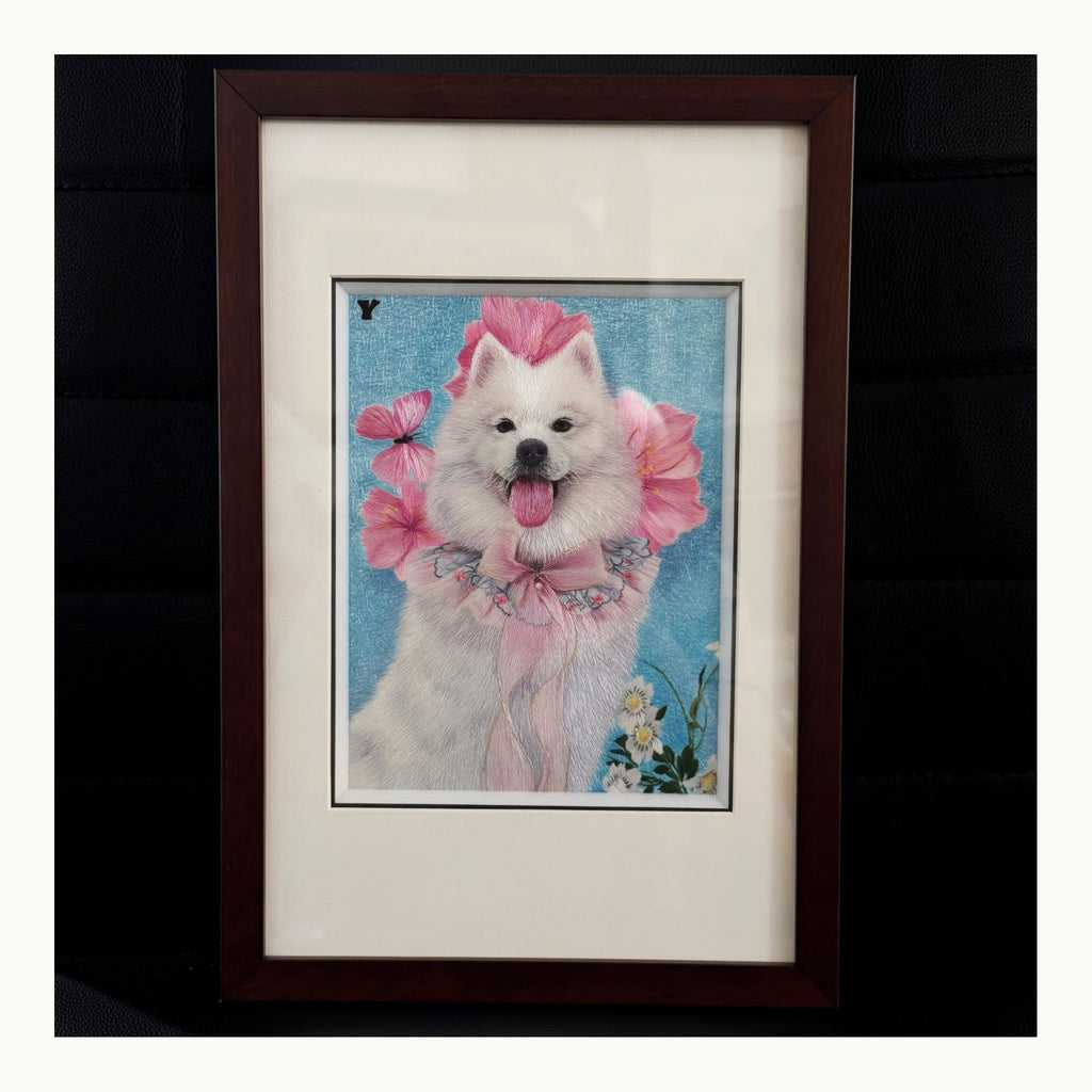 Finished custom Samoyed portrait in warm-white presentation