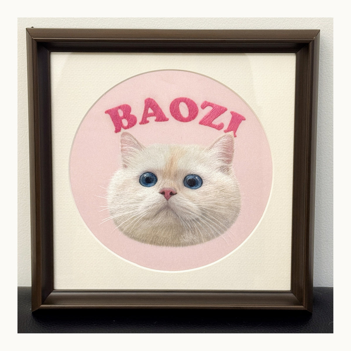 Finished custom cat portrait of Mimi in warm-white presentation