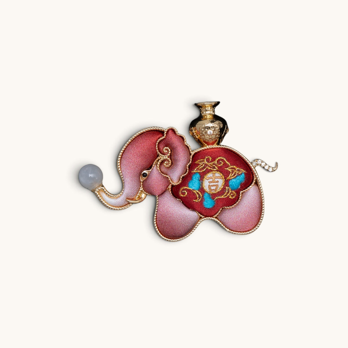 Front view of red elephant Su-embroidery brooch