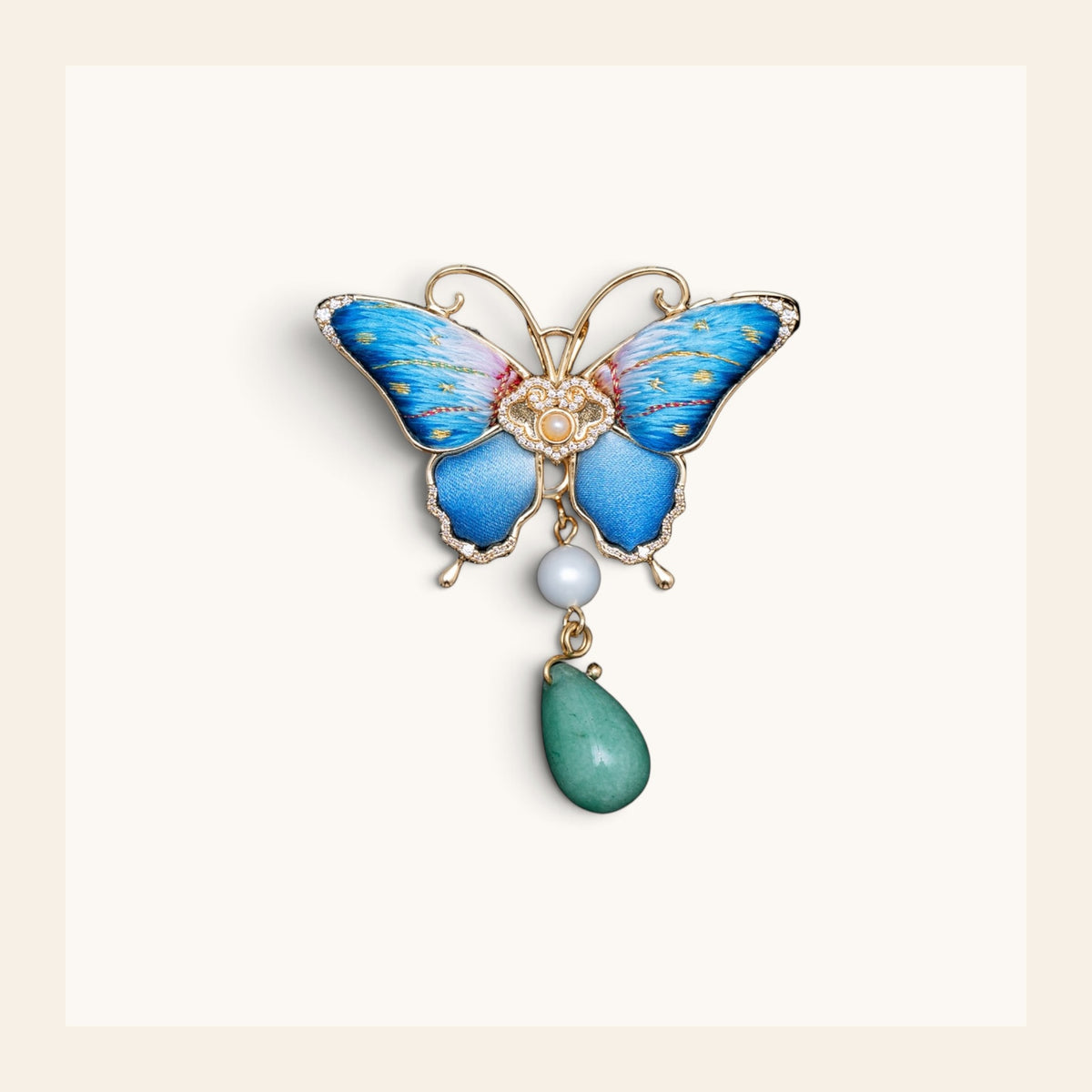 Front view of blue butterfly Su-embroidery brooch