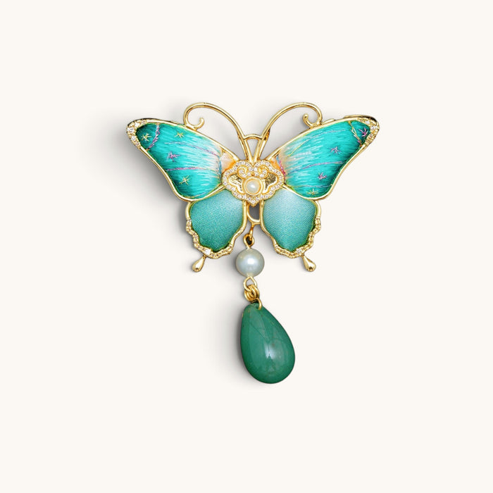 Front view of green butterfly Su-embroidery brooch