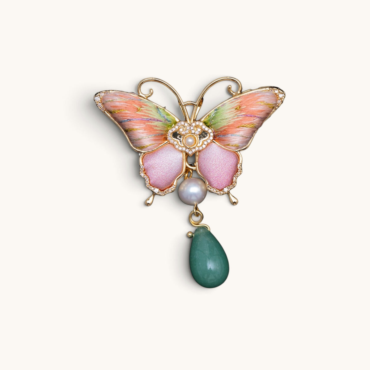Front view of pink butterfly Su-embroidery brooch