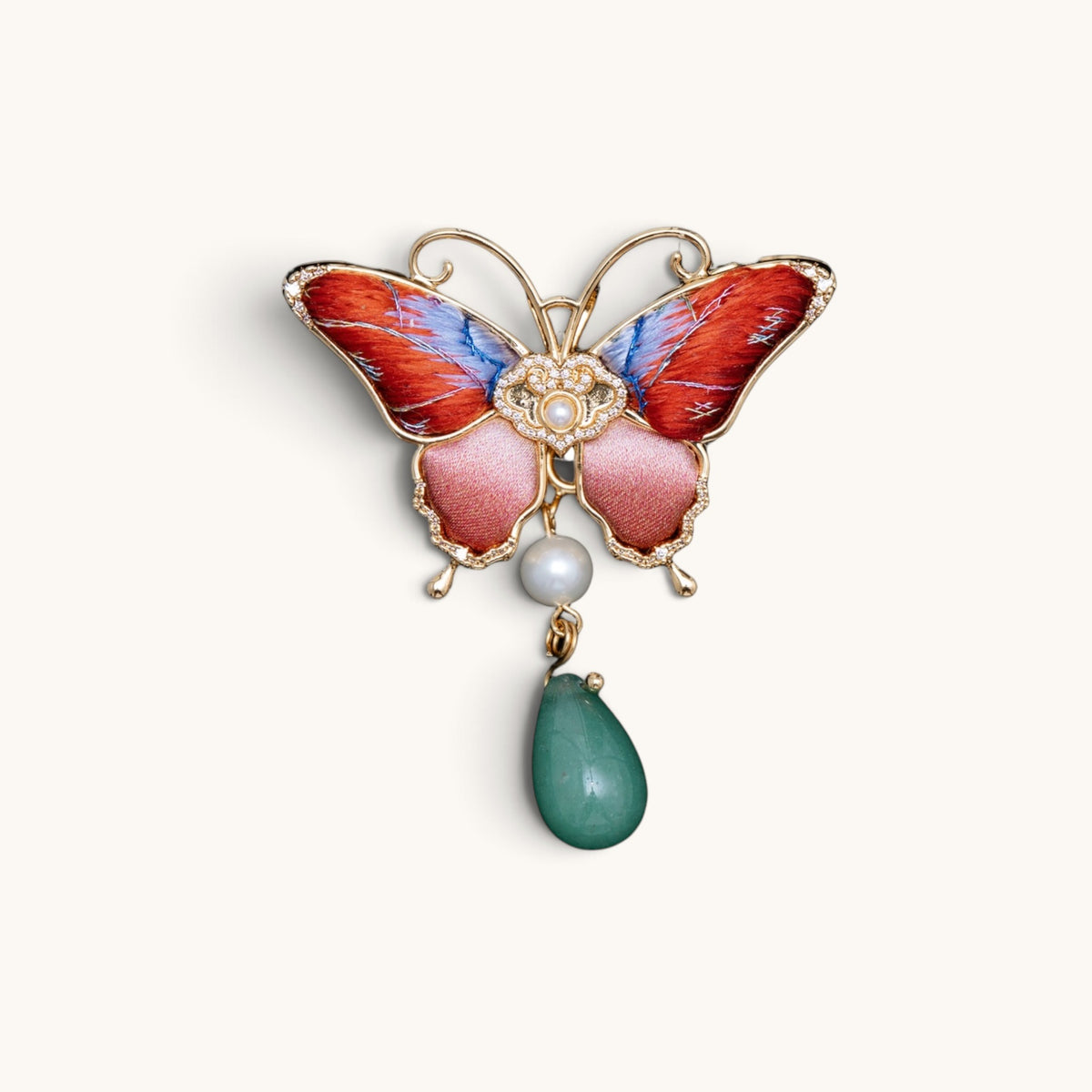 Front view of red butterfly Su-embroidery brooch