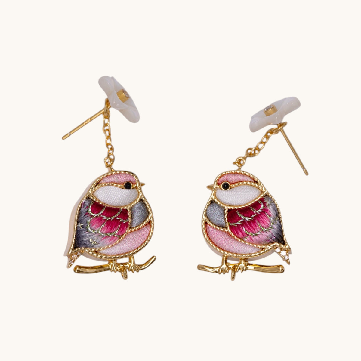 Front view of red magpie Su-embroidery drop earrings