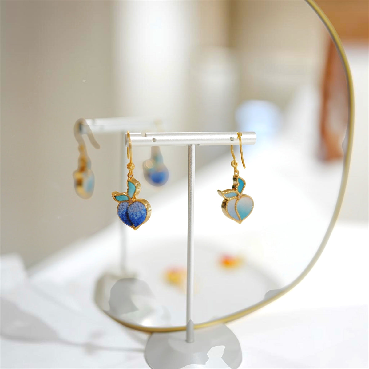 Front view 3 of blue peach Su-embroidery drop earrings