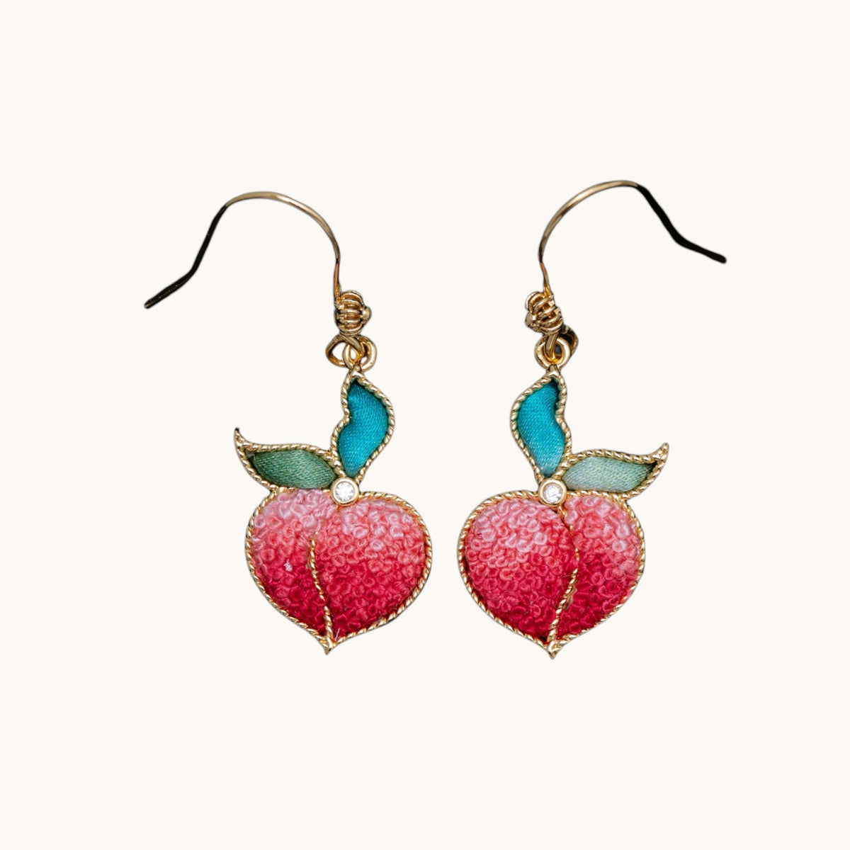 Front view 1 of red peach Su-embroidery drop earrings
