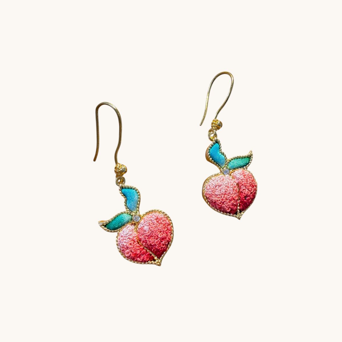 Front view 2 of red peach Su-embroidery drop earrings