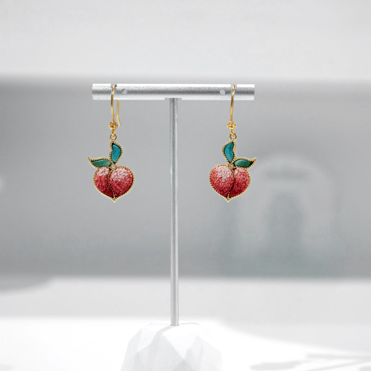 Front view 3 of red peach Su-embroidery drop earrings