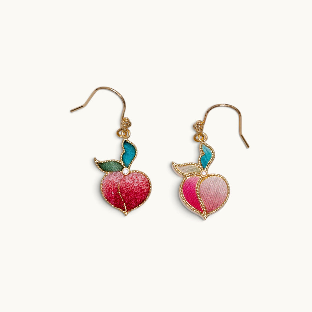 Front view 4 of red peach Su-embroidery drop earrings