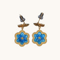 Front view of blue daisy Su-embroidery stud-drop earrings