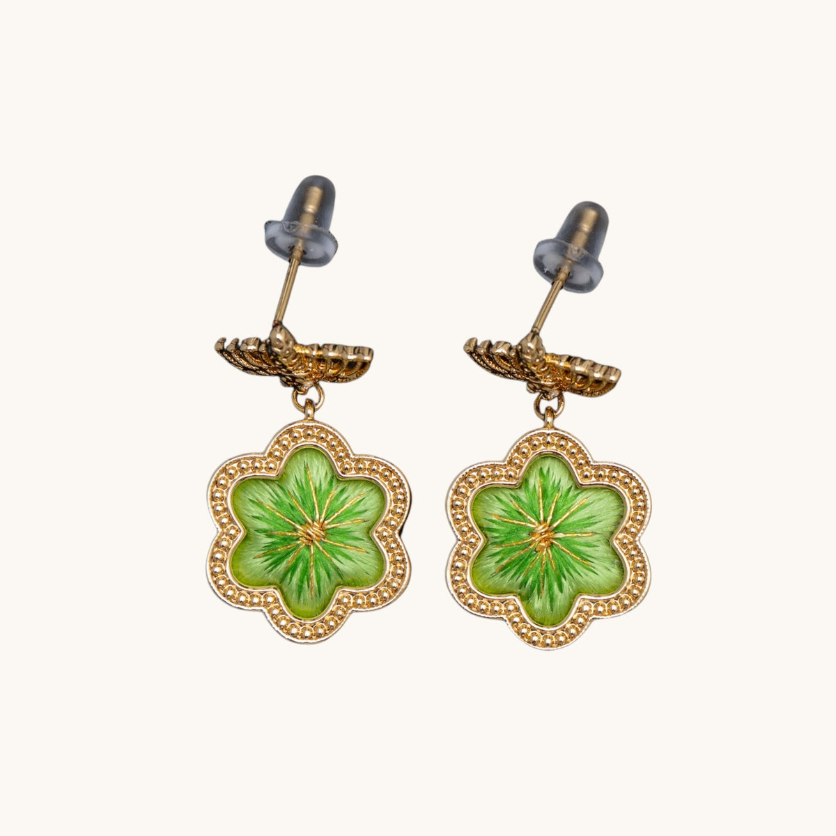 Front view of green daisy Su-embroidery stud-drop earrings