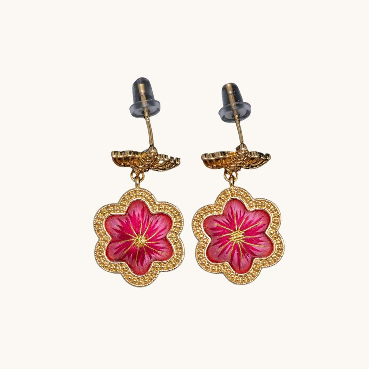 Front view of red daisy Su-embroidery stud-drop earrings
