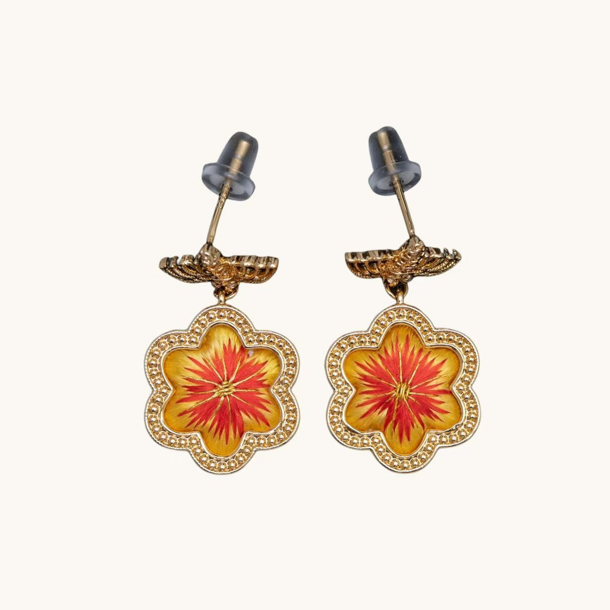 Front view of yellow daisy Su-embroidery stud-drop earrings