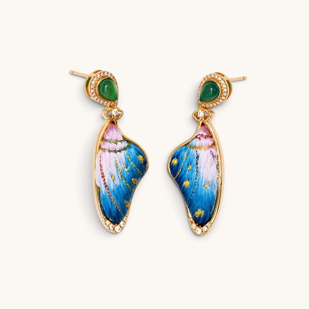 Front view of blue butterfly Su-embroidery earrings