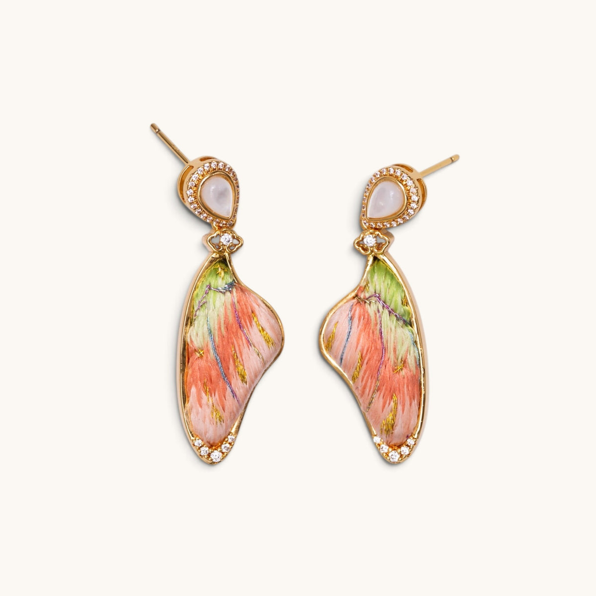 Front view of pink butterfly Su-embroidery earrings