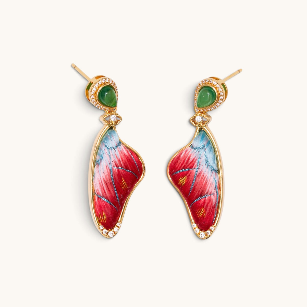 Front view of red butterfly Su-embroidery earrings