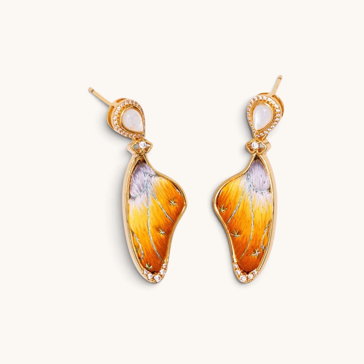 Front view of yellow butterfly Su-embroidery earrings