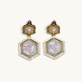 Front view of pink hexagonal hibiscus Su-embroidery dangle earrings