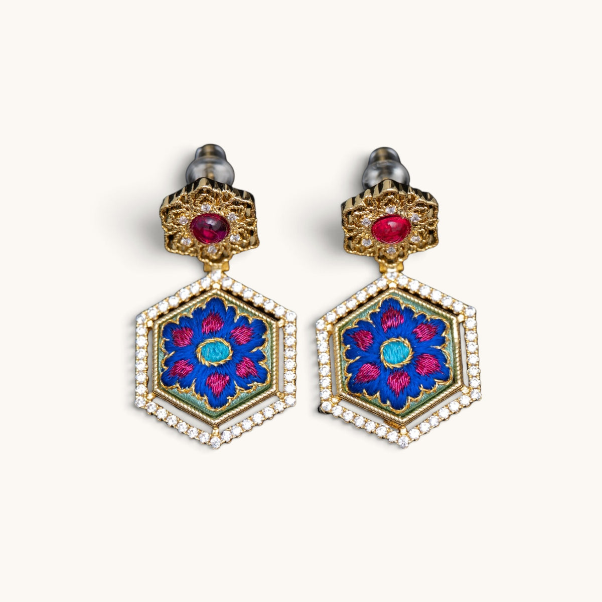 Front view of purple hexagonal hibiscus Su-embroidery dangle earrings