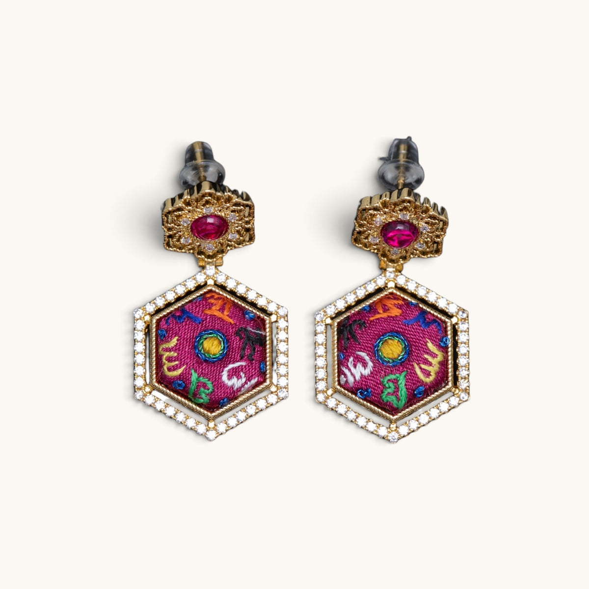 Front view of red hexagonal hibiscus Su-embroidery dangle earrings
