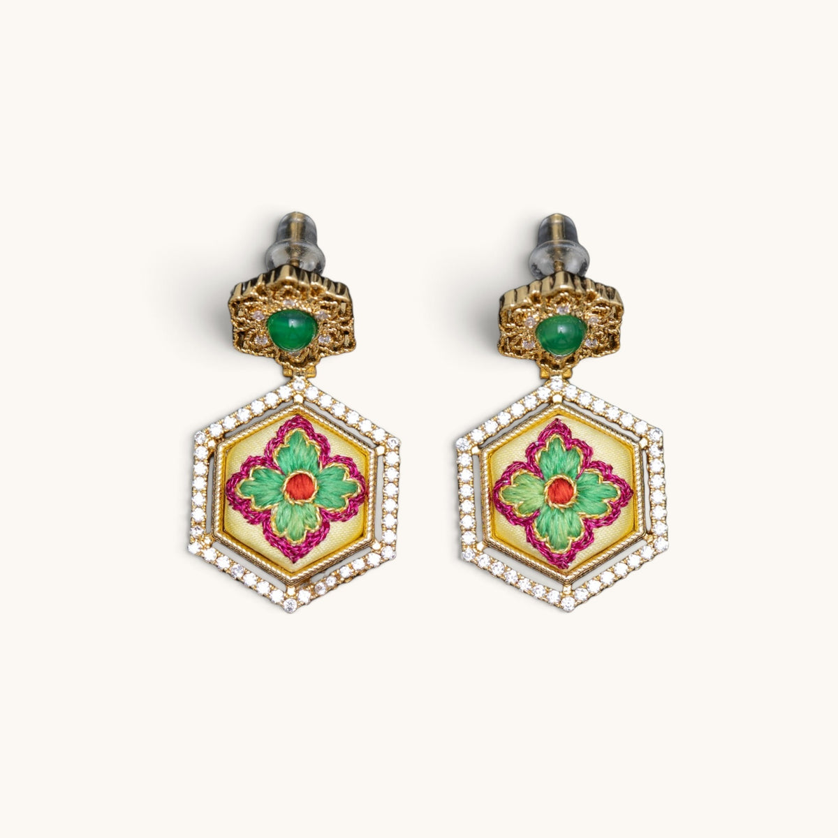 Front view of yellow hexagonal hibiscus Su-embroidery dangle earrings