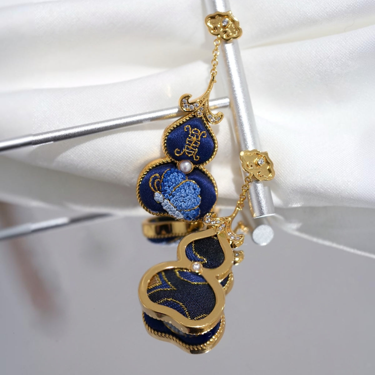Back view of blue hulu gourd Su-embroidery dangle earrings