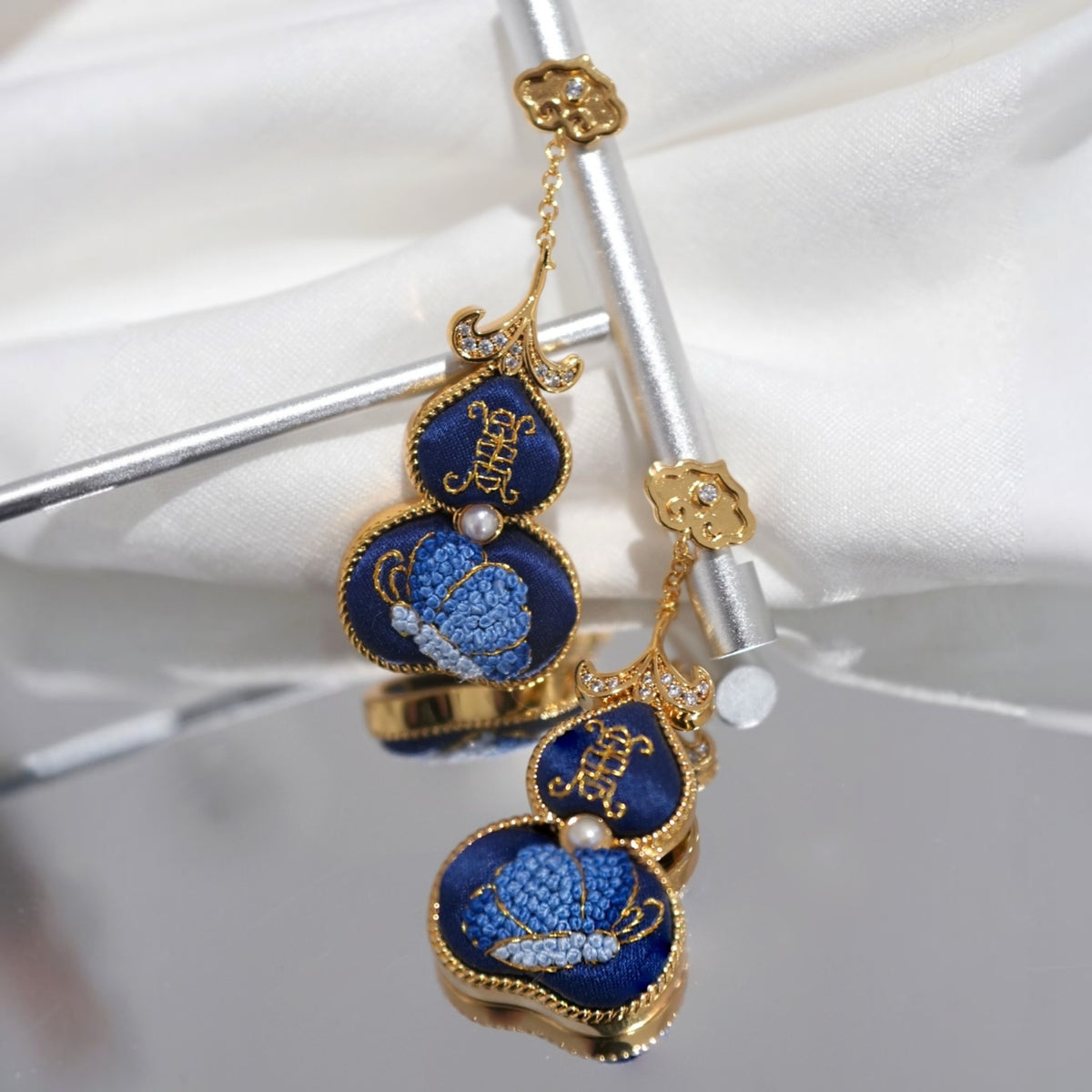 Front view of blue hulu gourd Su-embroidery dangle earrings