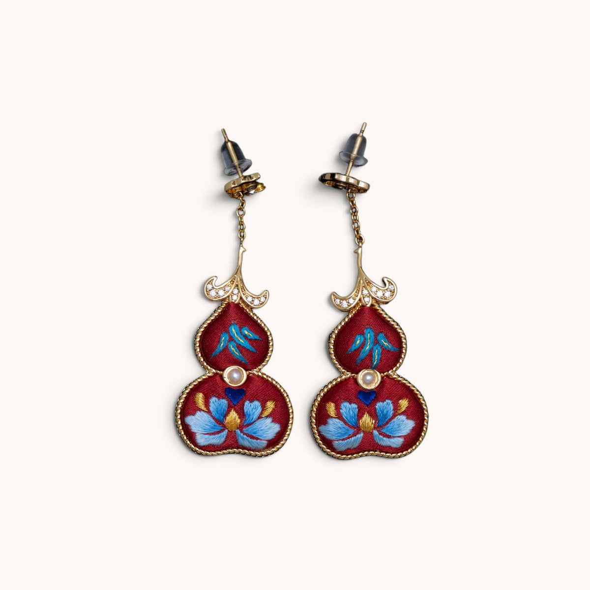 Front view of red hulu gourd Su-embroidery dangle earrings