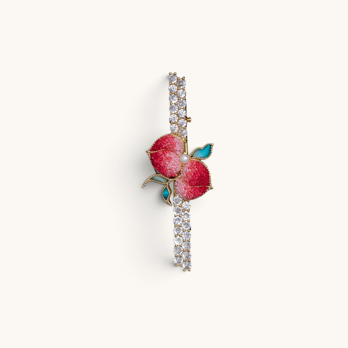 Front view of red peach Su-embroidery hair accessory
