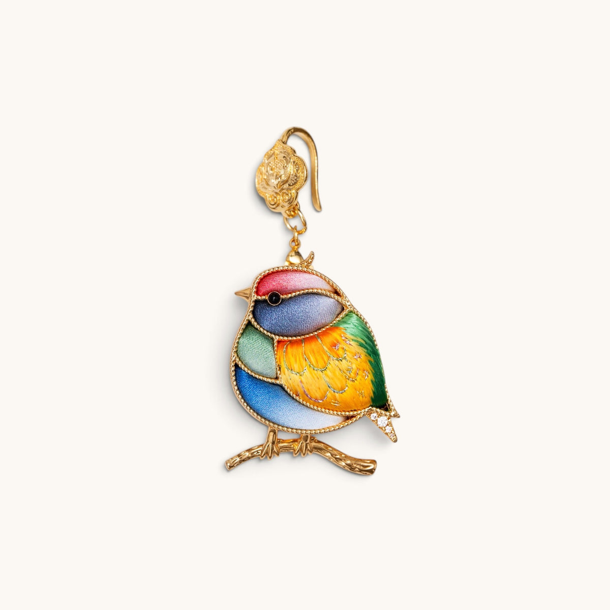 Front view of champagne magpie Su-embroidery pendant