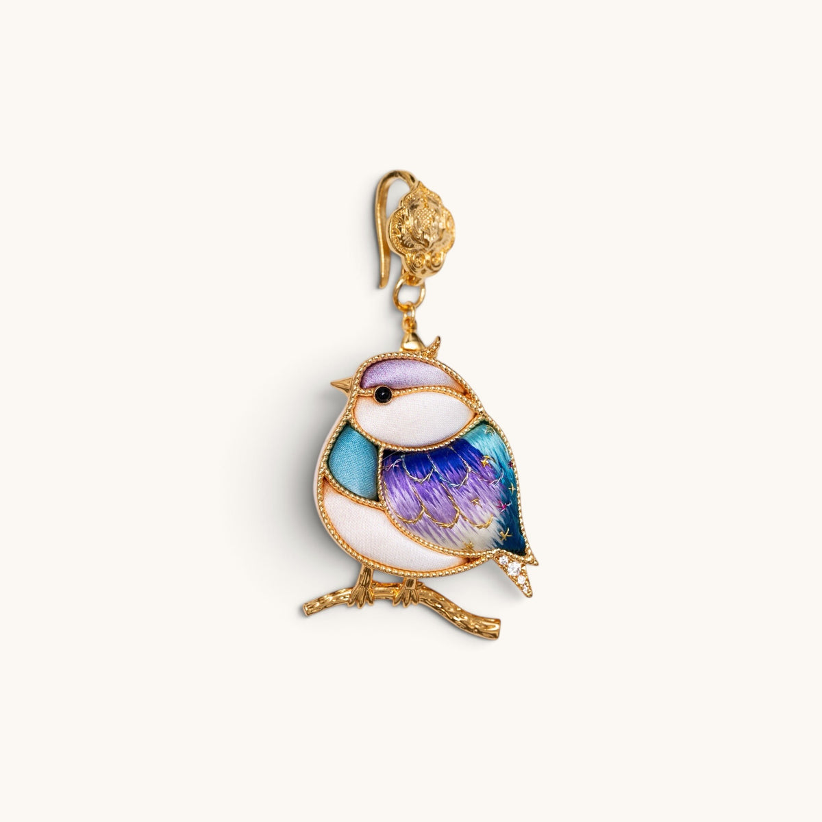 Front view of purple magpie Su-embroidery pendant