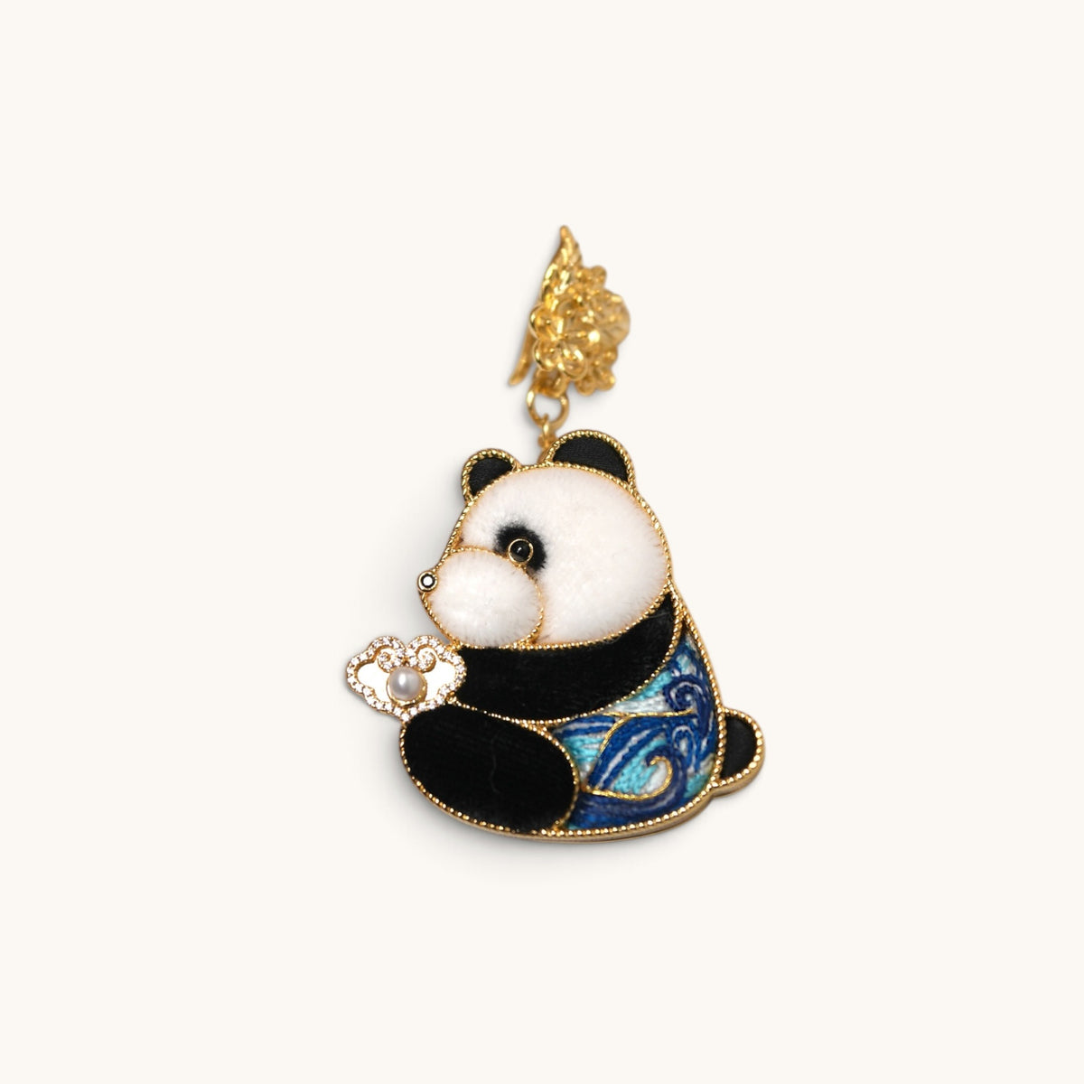 Front view of blue panda ruyi Su-embroidery pendant
