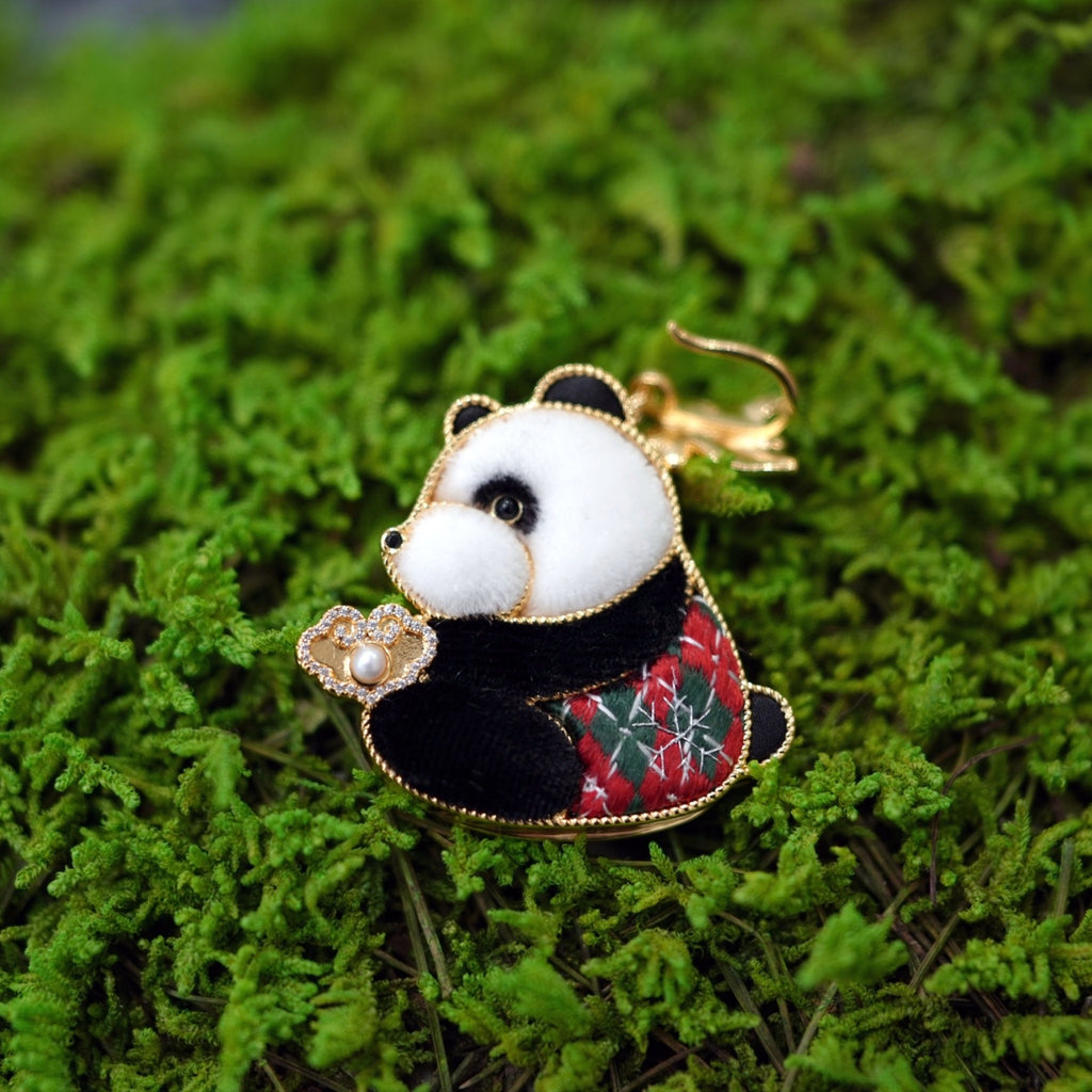 Front view of red panda ruyi Su-embroidery pendant
