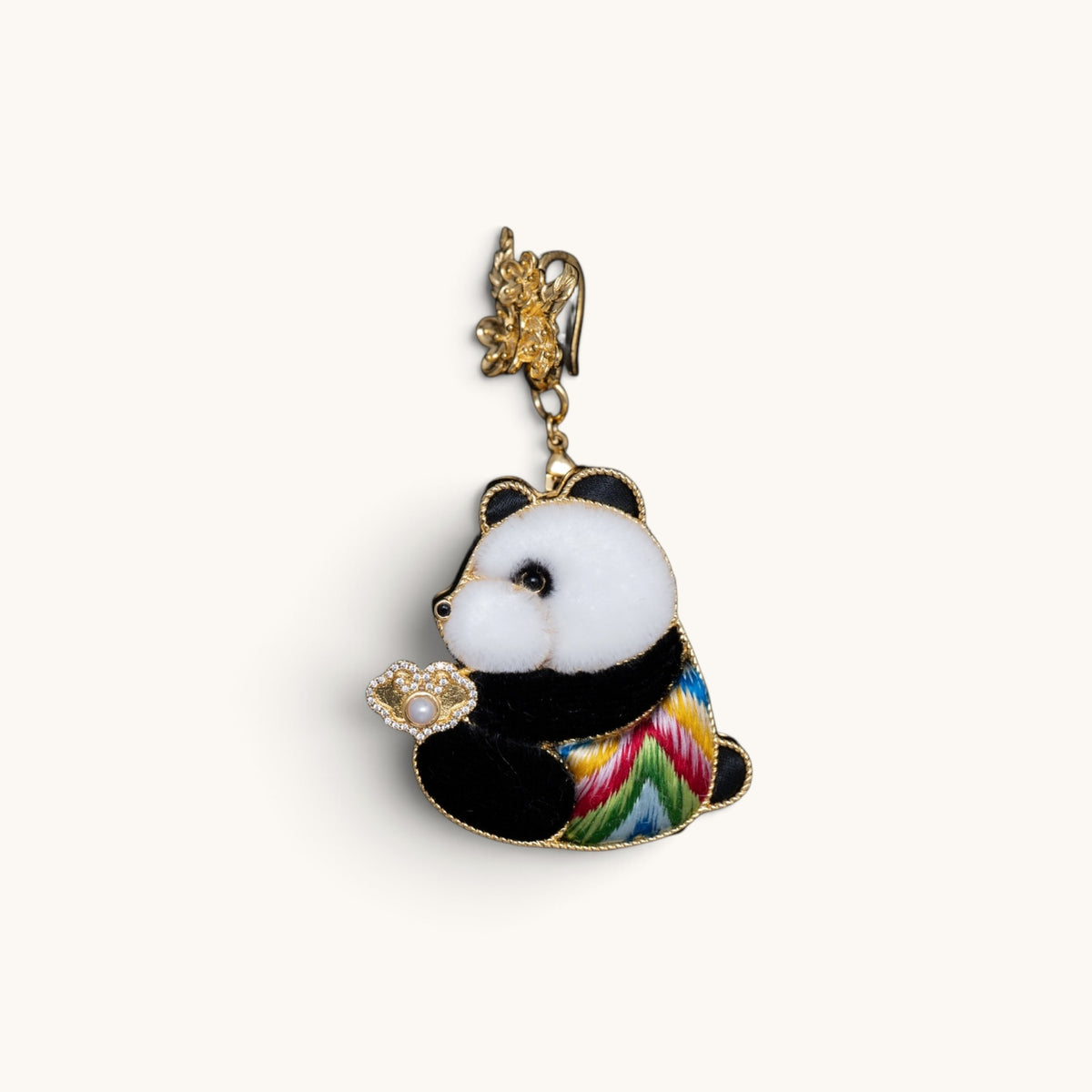 Front view of yellow panda ruyi Su-embroidery pendant